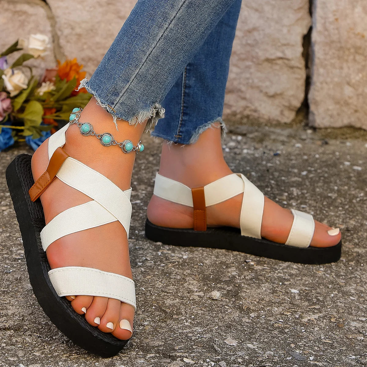 Women's fashion trend elastic anti-slip wear-resistant soft soled flat sandals