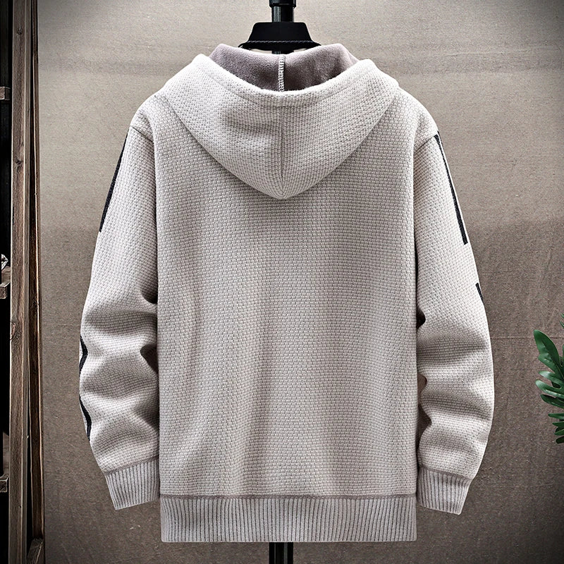 Mens Fashion Sweater Cardigan Fleece Lined Hood Sweaters Jacket Retro Sweaters Coat Zipper Up Knit Cardigans