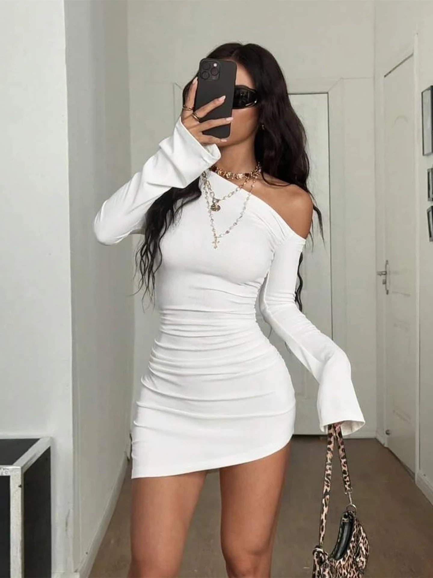 Dulzura Inclined Shoulder Long Sleeve Ruched Slim Irregular Mini Dress Women'S Solid Sexy Casual Dress Party Club Autumn Clothes