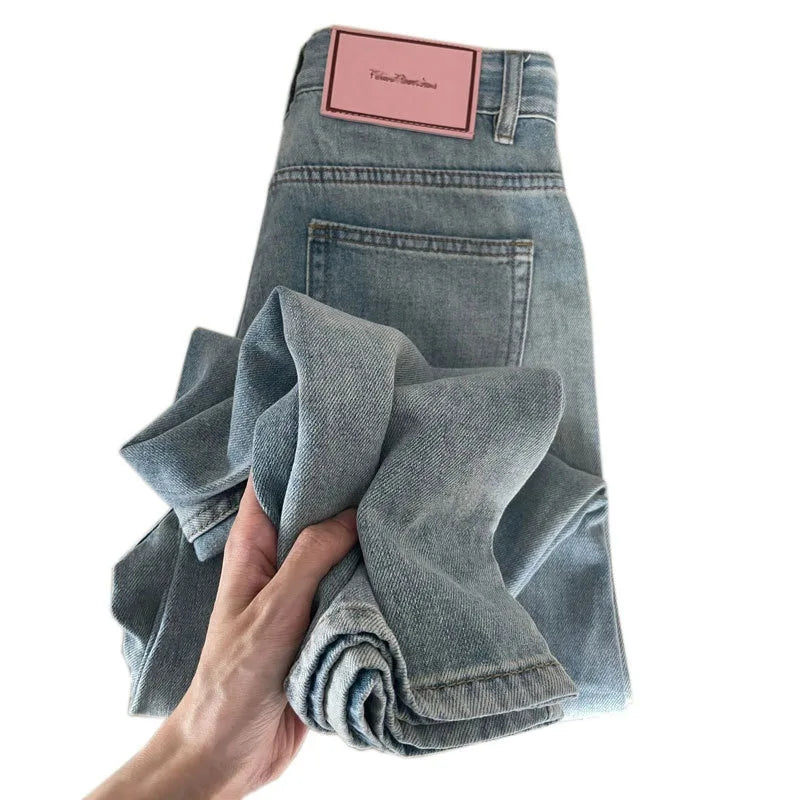 Light blue loose straight jeans female autumn new style high waist show thin all hang feeling wide leg pants ins tide