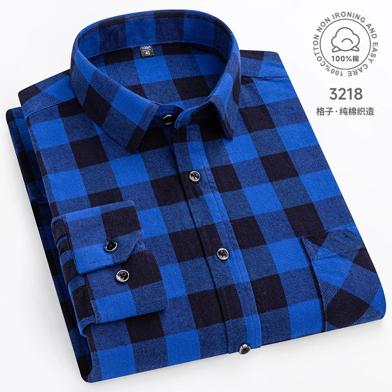 New Plaid Flannel Shirts For Men Long Sleeve 100%Cotton Fashion Casual Soft Standard-Fit Man Blouse Clothes Oversize 10XL 11XL