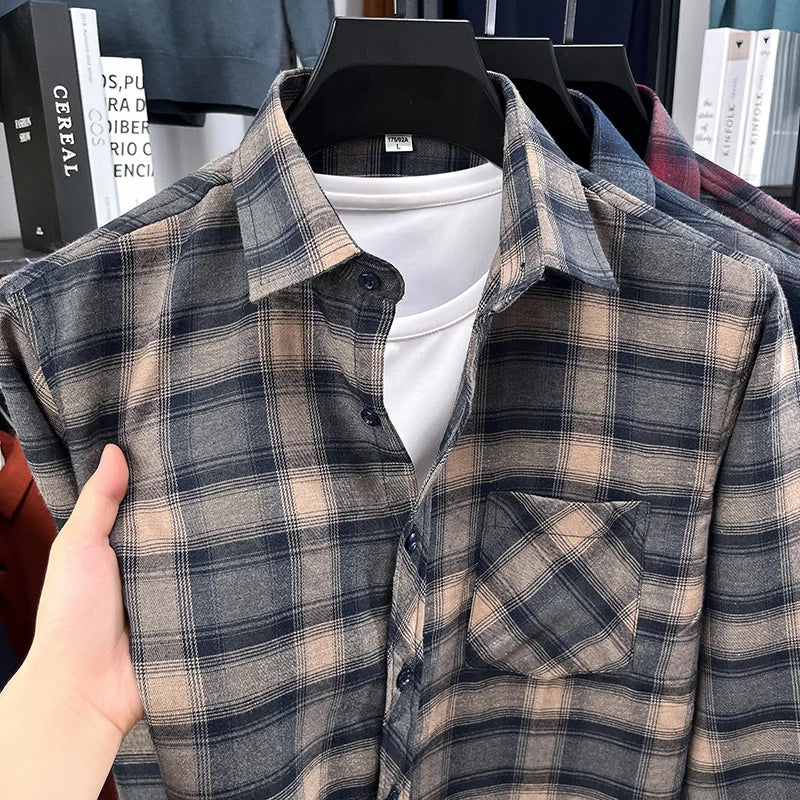 2025 Autumn New Men's Printed Striped Long Sleeved Shirt Casual Fashion Versatile Men's Top