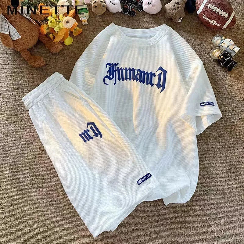 Cross-border Waffle Casual Summer Ice Silk Short-sleeved Sports Clothes Set Men's T-shirt Men's Clothing Set Matching
