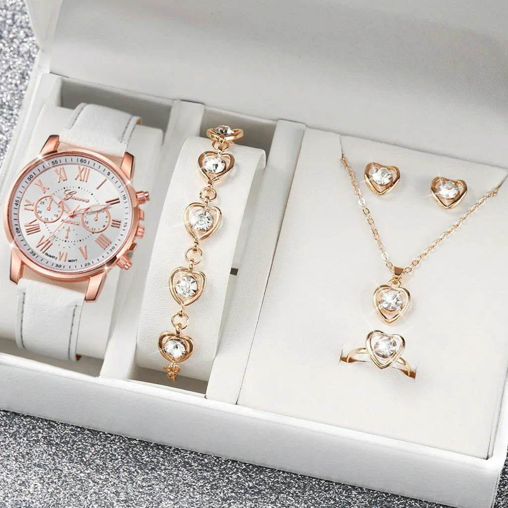 2/6pcs Luxury Watch Set Women Ring Necklace Earrings Rhinestone Fashion Wristwatch Female Casual Ladies Watches Bracelet(No Box)