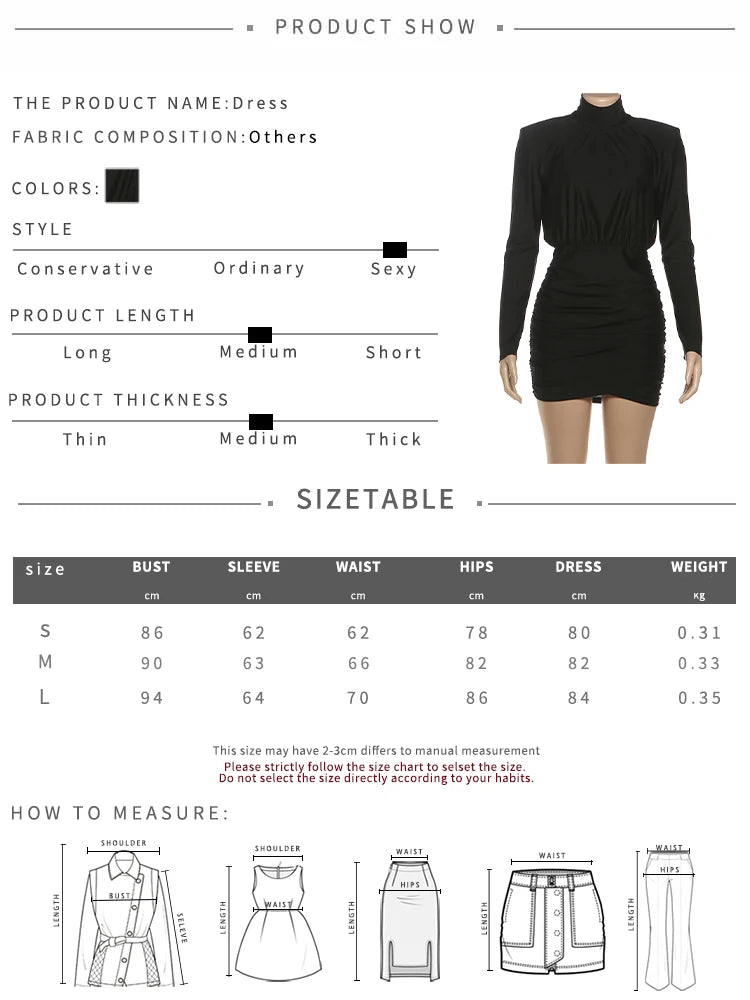Nibber Classic Turtleneck Dress Women Shoulder Padded Ruched Sexy Office Commute Simple Peach Hip Skinny Elegant Mini Bodycon