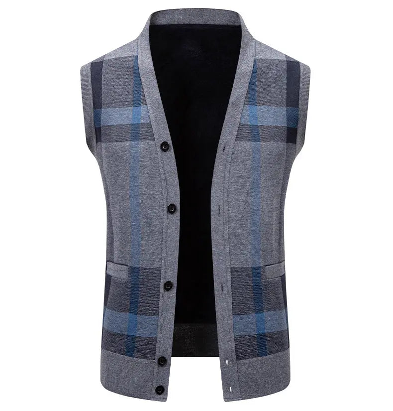New Mens Fleece Knitted Vest Sleeveless Autumn Winter V Neck Sweater Vest Button Front Knit Cardigan Vest