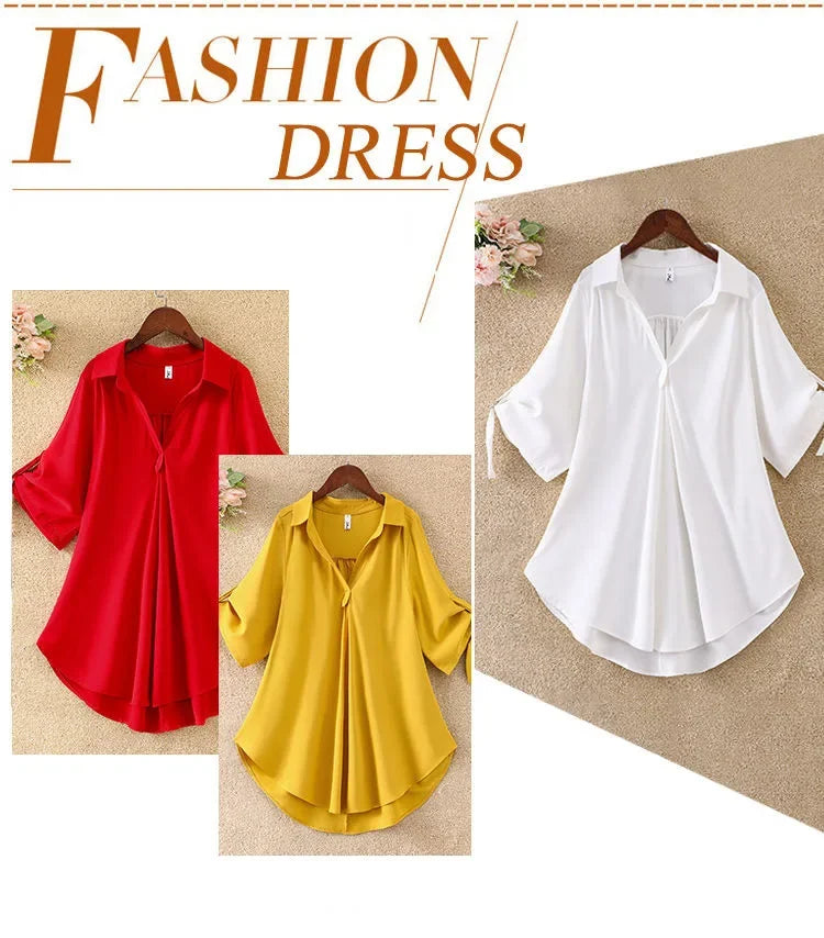 Women's Slimming Chiffon Top 2024 Summer New Style Medium-Length Short Sleeves Plus Size Loose-Fit Waist-Fitted Shirt