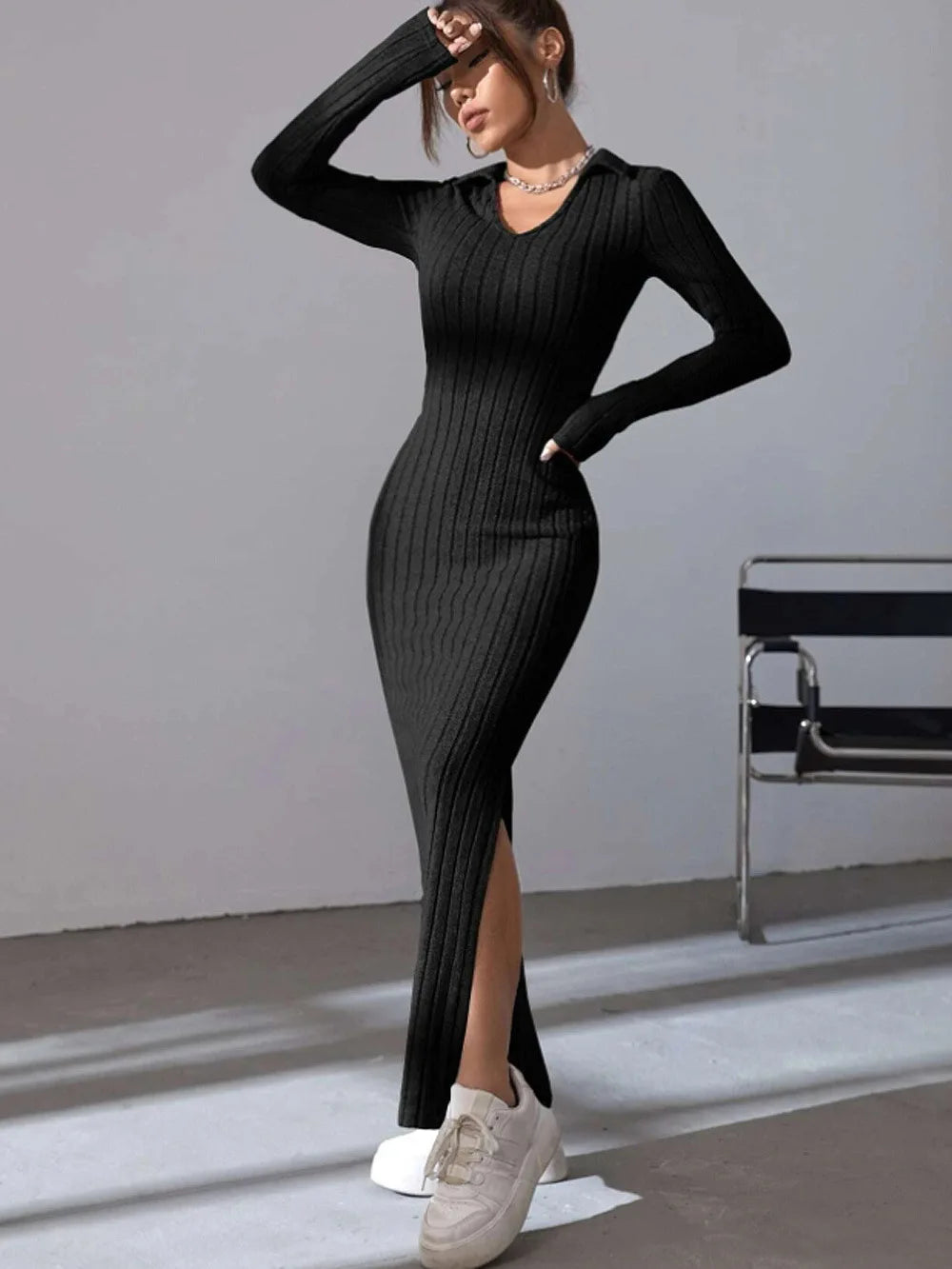Spring and summer 2024 new style knitted slim lapel long sleeve dress pit strip solid color tight skirt