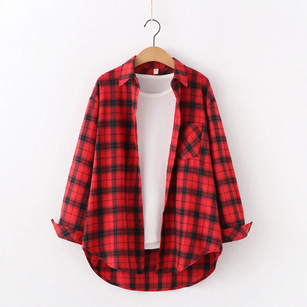 Fresh Flannel Plaid Shirt Women 2025 New Female Blouses and Tops Cotton Loose Long Sleeve Casual Shirts Fine Women's Clothes