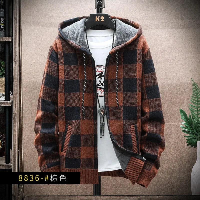 Men's Hooded Thickened Fleece Knitwear Casual Outerwear Winter Warm Plaid Cardigan Coat Large Size Comfortable Street Style