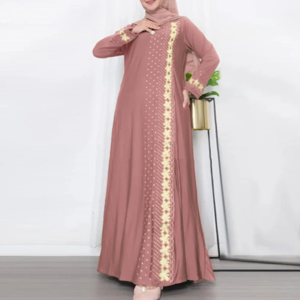 Elegant Muslim Long Sleeve Loose Dress Southeast Asia Positioning Print Fashionable 2025 New Style Elegant Midi Dress