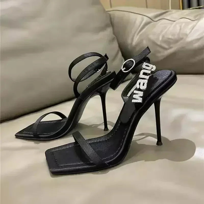 2025 Style Square Toe Women Sandals Crystal Letters Decorative Women High Heels Sexy Shoes Women's Banquet Wedding Shoes Women