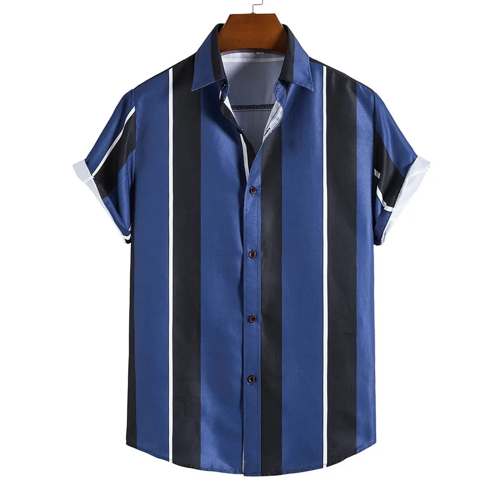 Men's Hawaiian Shirt Summer Stripes Print Short Sleeve Top Tees Fashion Casual Social Shirts Lapel Button Oversized Men Clothing