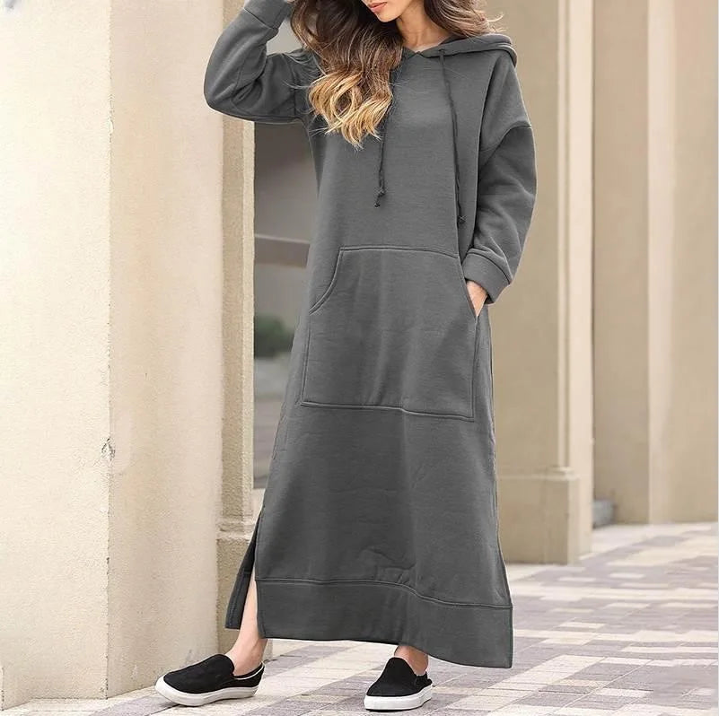 Autumn Winter New plus Size Loose Knitted Long Dress Hoodie Fleece Casual Fashion Dress Large Pocket Skirt Elegant Commute
