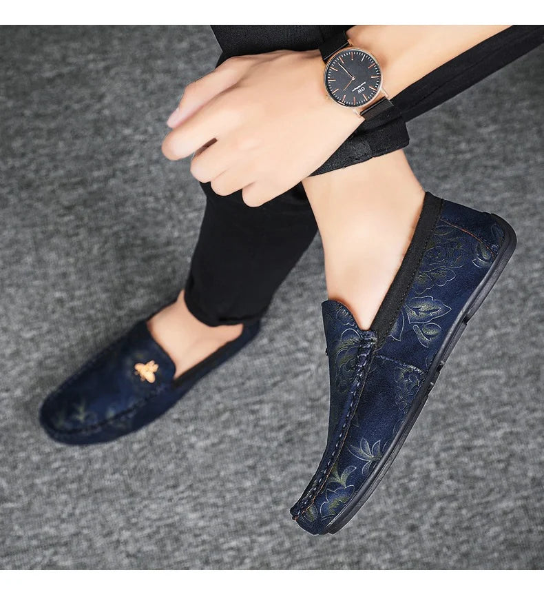 Luxury Brand Yellow Men Casual Shoes Fashion Flower Print Loafers Men Designer Flat Shoes Comfortable Slip-on Male Driving Shoes