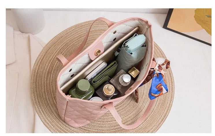 Embroidered Women's Handbag PU Leather Large Capacity Bucket Bag Fashion Beach Tote with Silk Scarf Gift Elegant Daily Use Purse