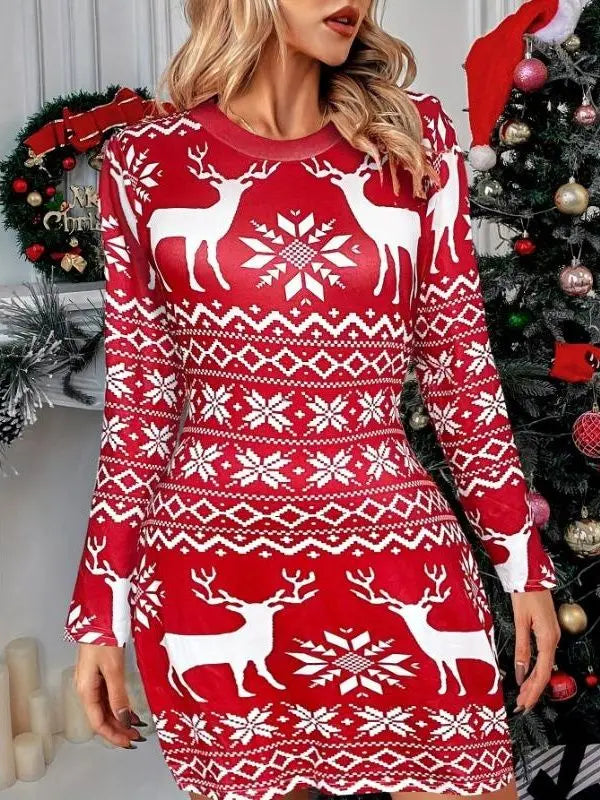 Black White Snowflake Deer Pattern Women's Dress Autumn Winter Sext Long Sleeve Bodycon Mini Dress Elegant Red Christmas Dresses