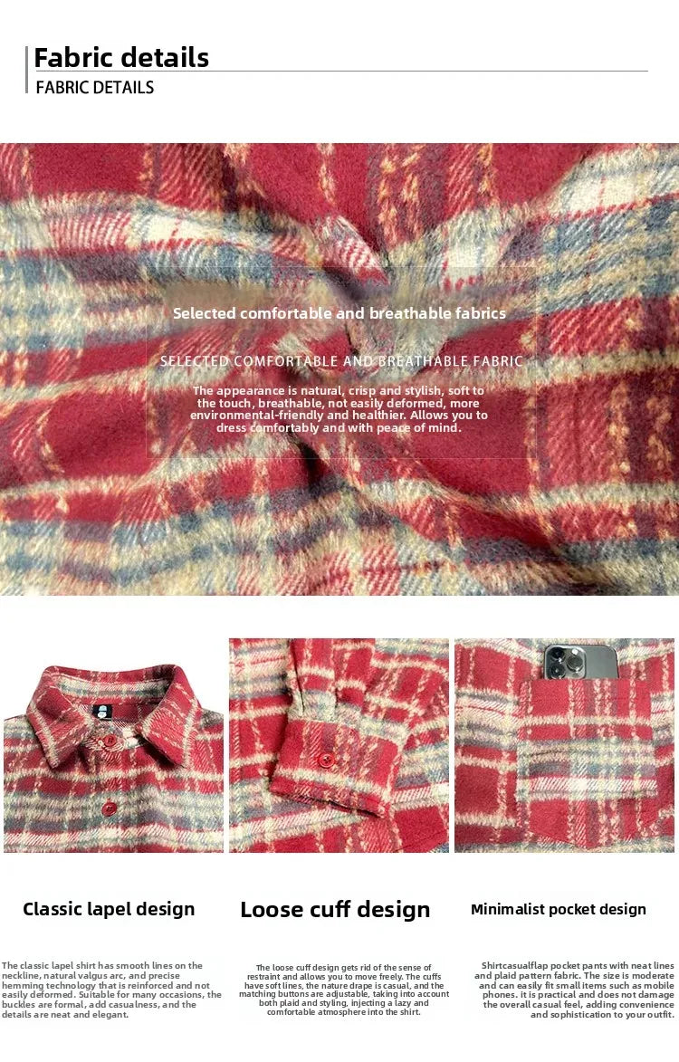Retro American Plaid Long Sleeve Shirt Women's Lazy Style Loose Slimming Versatile Flannel Coat with Pocket Full Length Button u