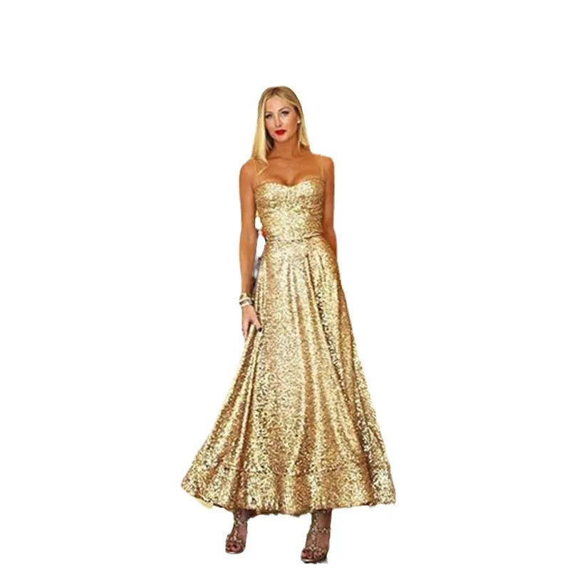 Summer New Cross-Border Wrap Chest Sequin Dress Large Skirt Banquet Evening Gown Elegant Metal Color Adult Women's Long Dress