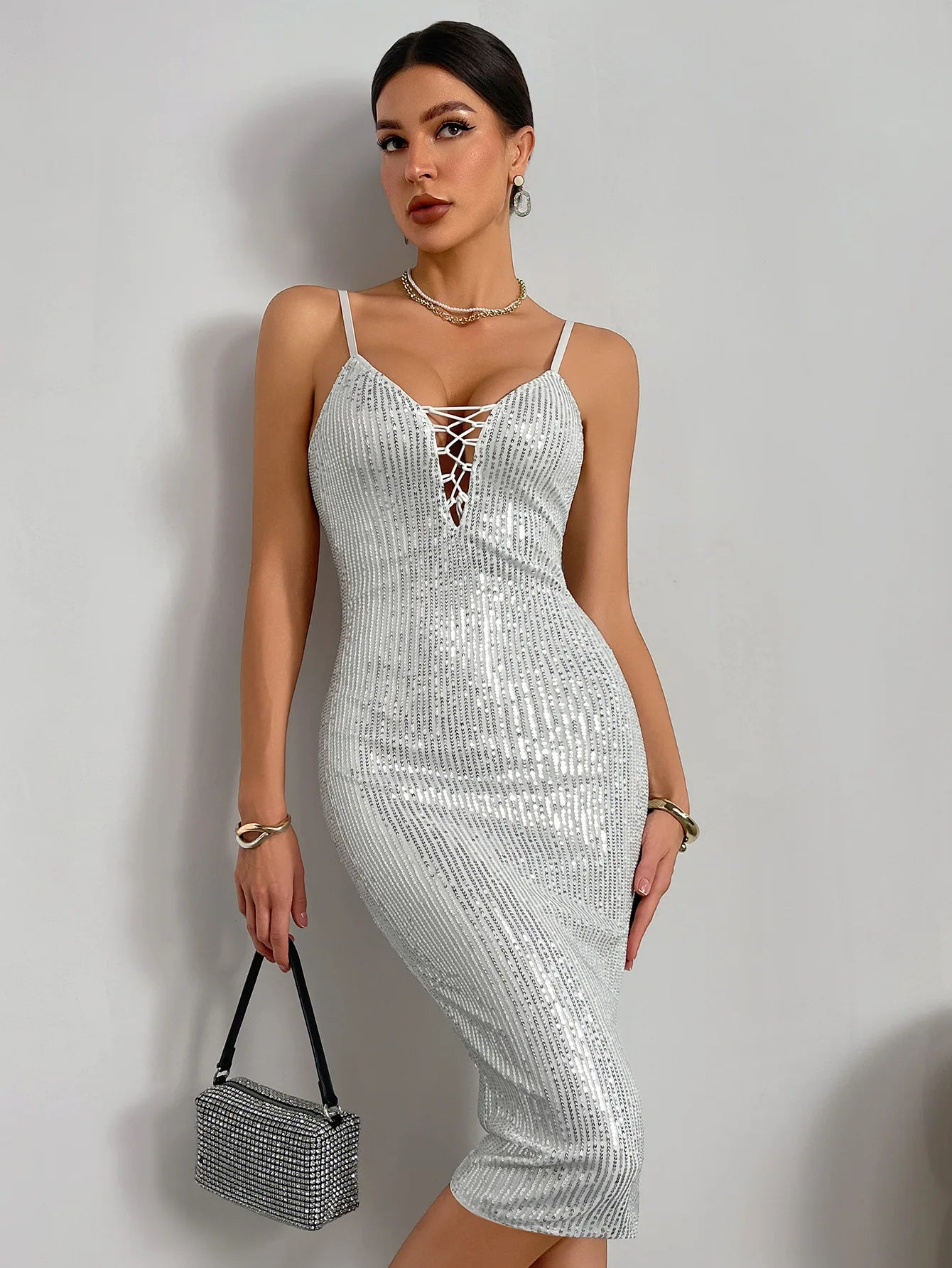 Sexy V-Neck Sequin Bodycon Midi Dress Cross-Border Elegant Adult Formal Gown Polyester Fabric No-Sleeve Long Evening Dress