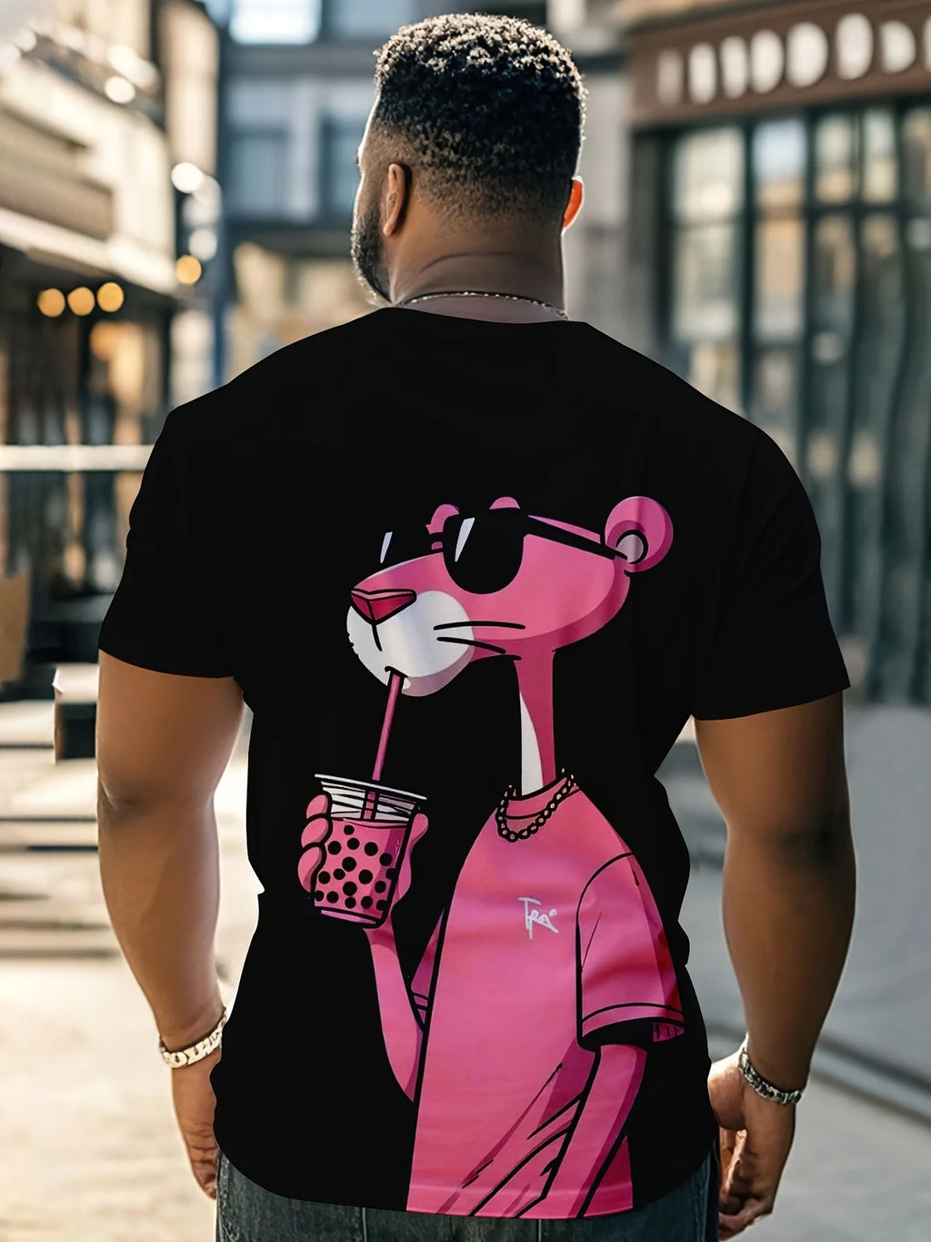 Men's Plus Size Casual Sports Tee - Pink Leopard Print with Stylish Cartoon Rat Graphic,Polyester,Machine Washable,Workout