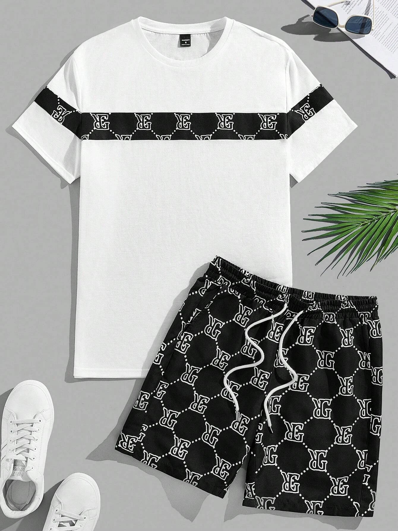 Round-neck Printed Retro Men's Suit, Two-piece Set Short-sleeved Shirt, Comfortable And Breathable Suit