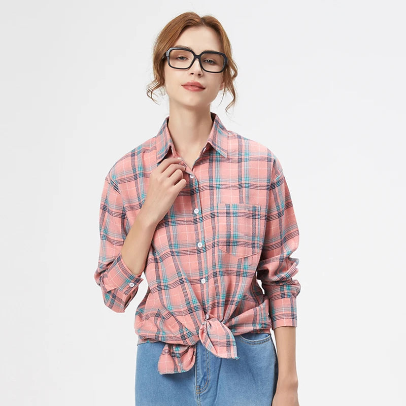 Fresh Flannel Plaid Shirt Women 2025 New Female Blouses and Tops Cotton Loose Long Sleeve Casual Shirts Fine Women's Clothes