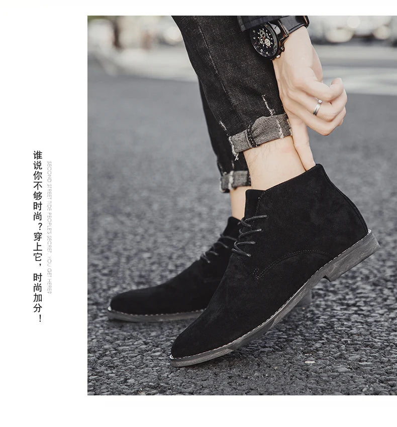 British Style Brown Men's Chelsea Boots Retro Lace Up Suede Boots Men Pointed-toe Leather Casual Ankle Boots Men botas masculino