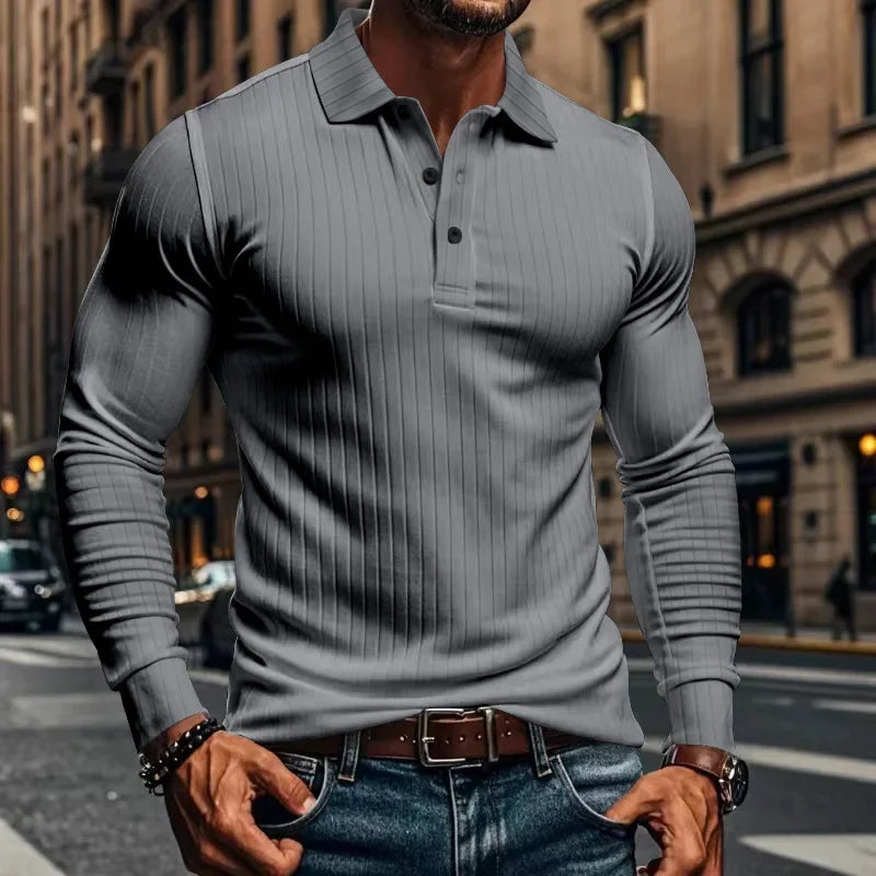 Men's Autumn  Classic Casual  Elastic Pit Strip Polo ShirtAmerican  Lapel Button-up Long-Sleeved T-shirt