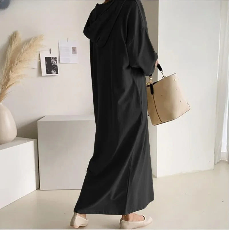 Autumn Women's Dress 2024 New Fashion Simple Retro Hooded Dress Sweatshirt Winter Long Sleeve Pocket Solid Hooded Robe