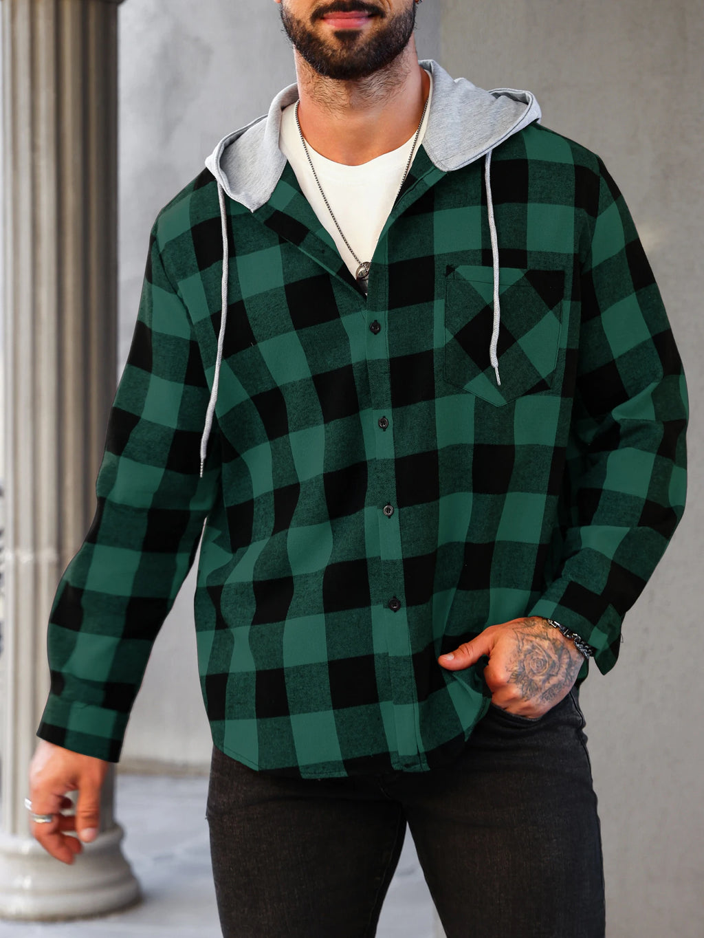 Mens Colorful Plaid Hooded Cardigan Color Block Sweatshirt with Pockets Top Jacket
