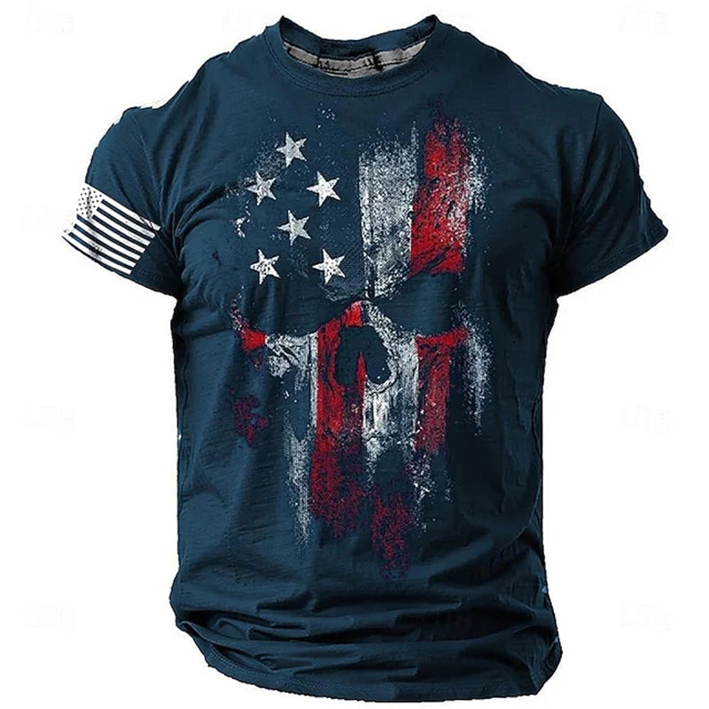 Summer Men's Retro Flag Printed T-shirt 3D Skull Round Neck Short Sleeve Casual Breathable Men's Large Size T Shirt Hot Model