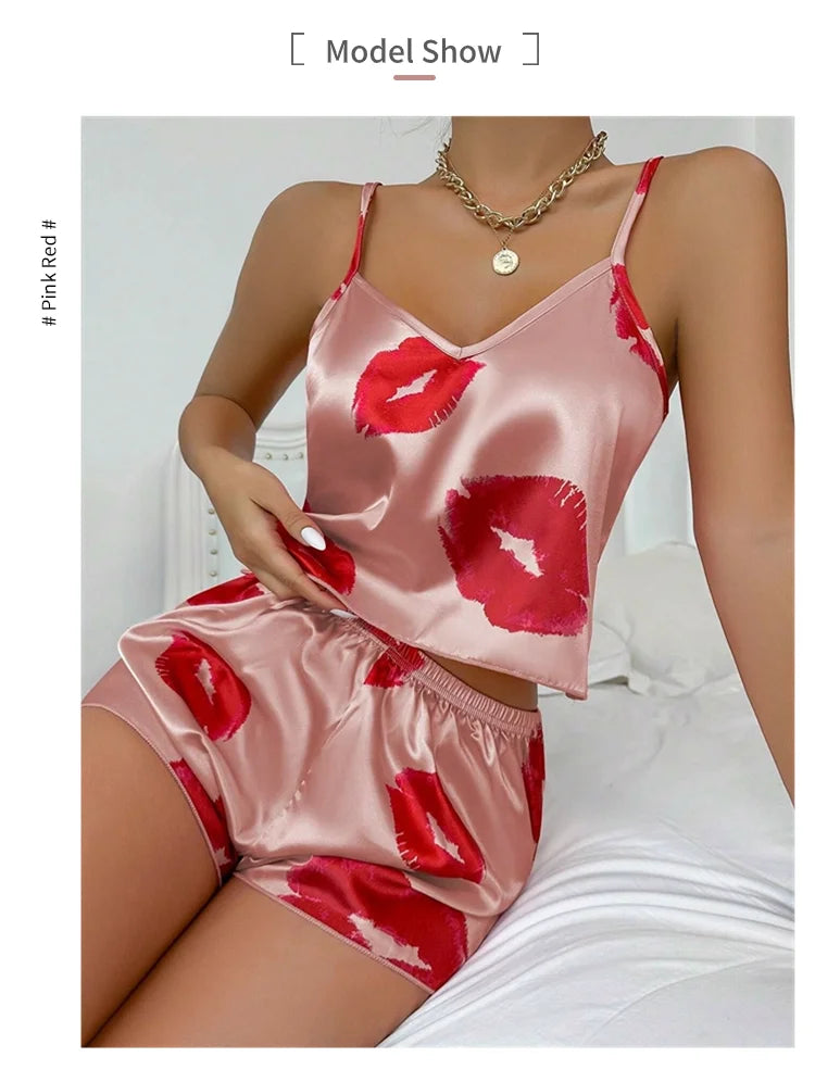 Women's Cute Heart Print Satin Pajama Set - V Neck Cami Top and Elastic Shorts for Comfortable Sleep and Lounging Homewear