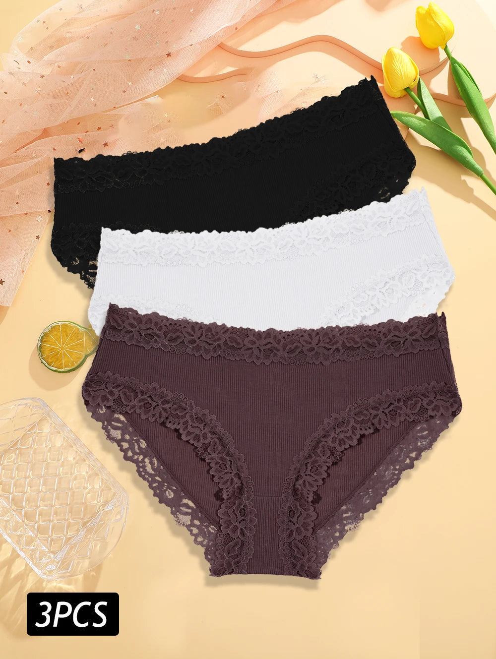 3PCS/Set Sexy Lace Cotton Panties for Women Flroal Lace Seamless Briefs Low Rise Lingerie Female Breathable Soft Underwear S-XL