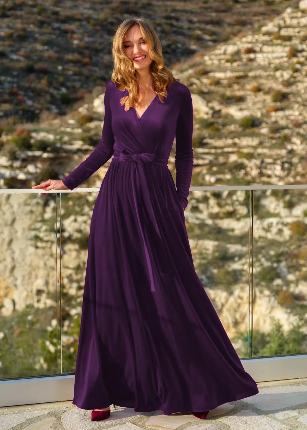 Elegant Women's German Velvet Long Sleeve Dress Autumn Winter New Slim Fit Fashion Waist Tie Female Bridesmaid Long Pocket Dress