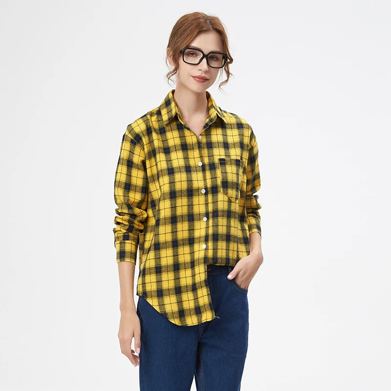 Fresh Flannel Plaid Shirt Women 2025 New Female Blouses and Tops Cotton Loose Long Sleeve Casual Shirts Fine Women's Clothes