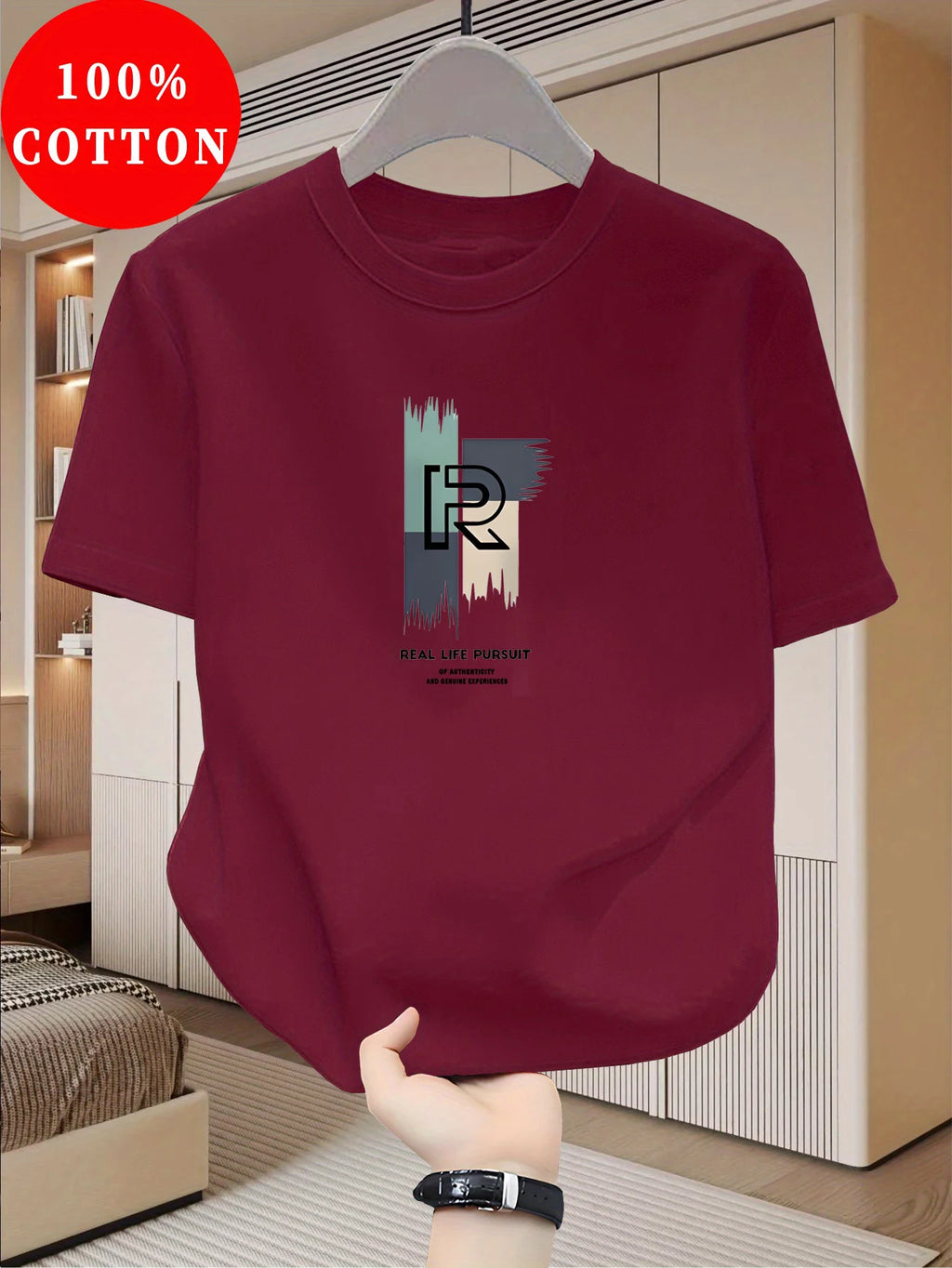 Men's 100% pure cotton casual loose modern abstract letter and "at time" pattern printed round neck short sleeved T-shirt top