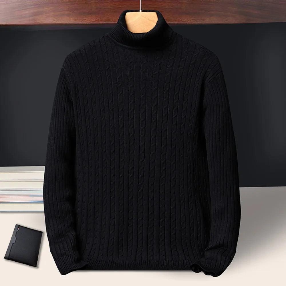 New Men's Turtleneck Sweaters Autumn Knitted Striped Streetwear Warm Long Sleeved Pullover Solid Color Basic Style Casual Tops