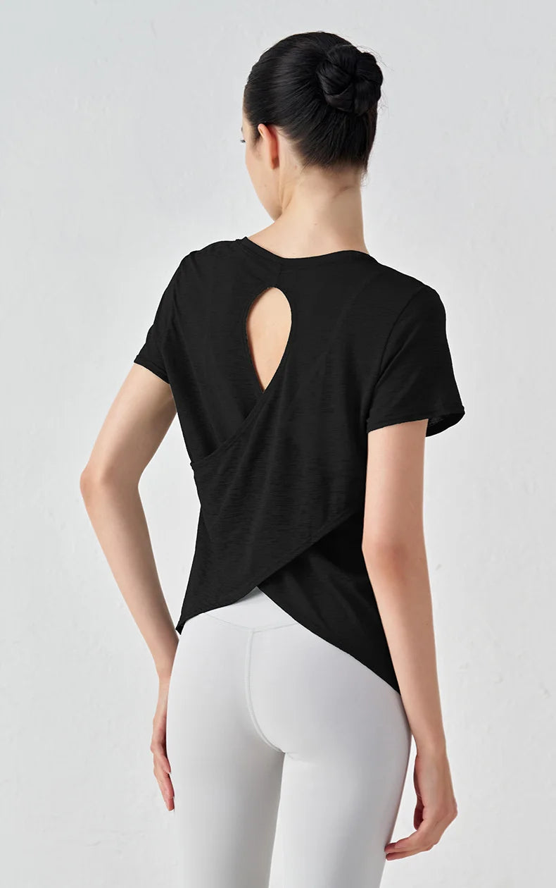 TRY TO BN Gym Tops Women Short Sleeve Sports Fitness Nylon Hollow Back Breathable Women's T-Shirt Training Runing Yoga Clothing