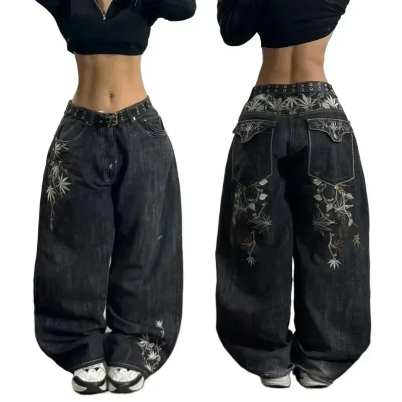 2024 New American hip-hop Vintage baggy jeans women's Harajuku high waist Y2K wide-leg pants Gothic wide pants Streetwear pants