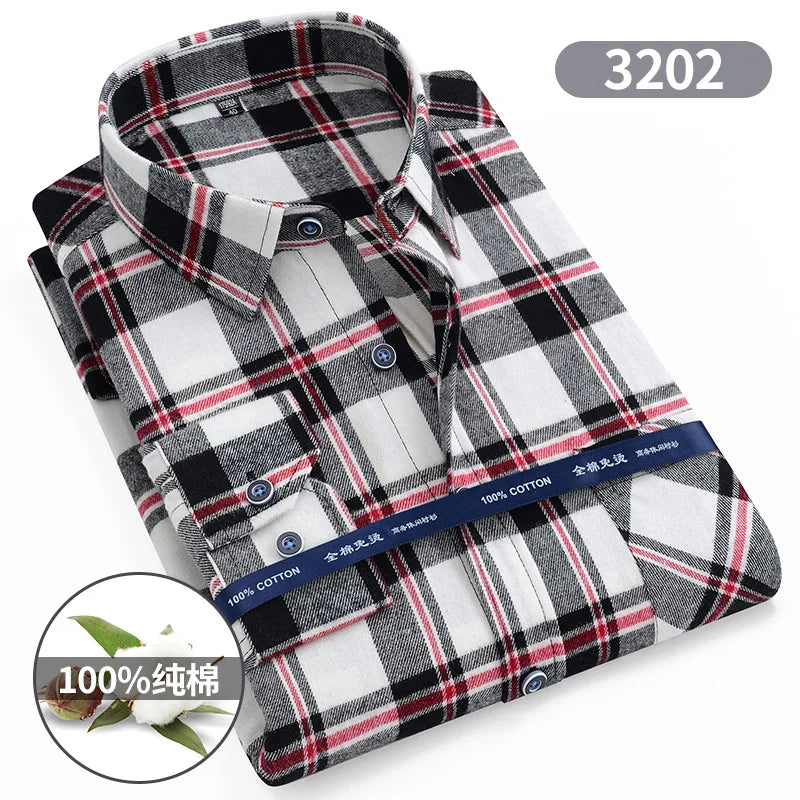 Plaid Flannel Shirts For Men Long Sleeve 100%Cotton Fashion Casual Soft Standard-Fit Man Blouse Clothes Men's clothing 10XL 11XL