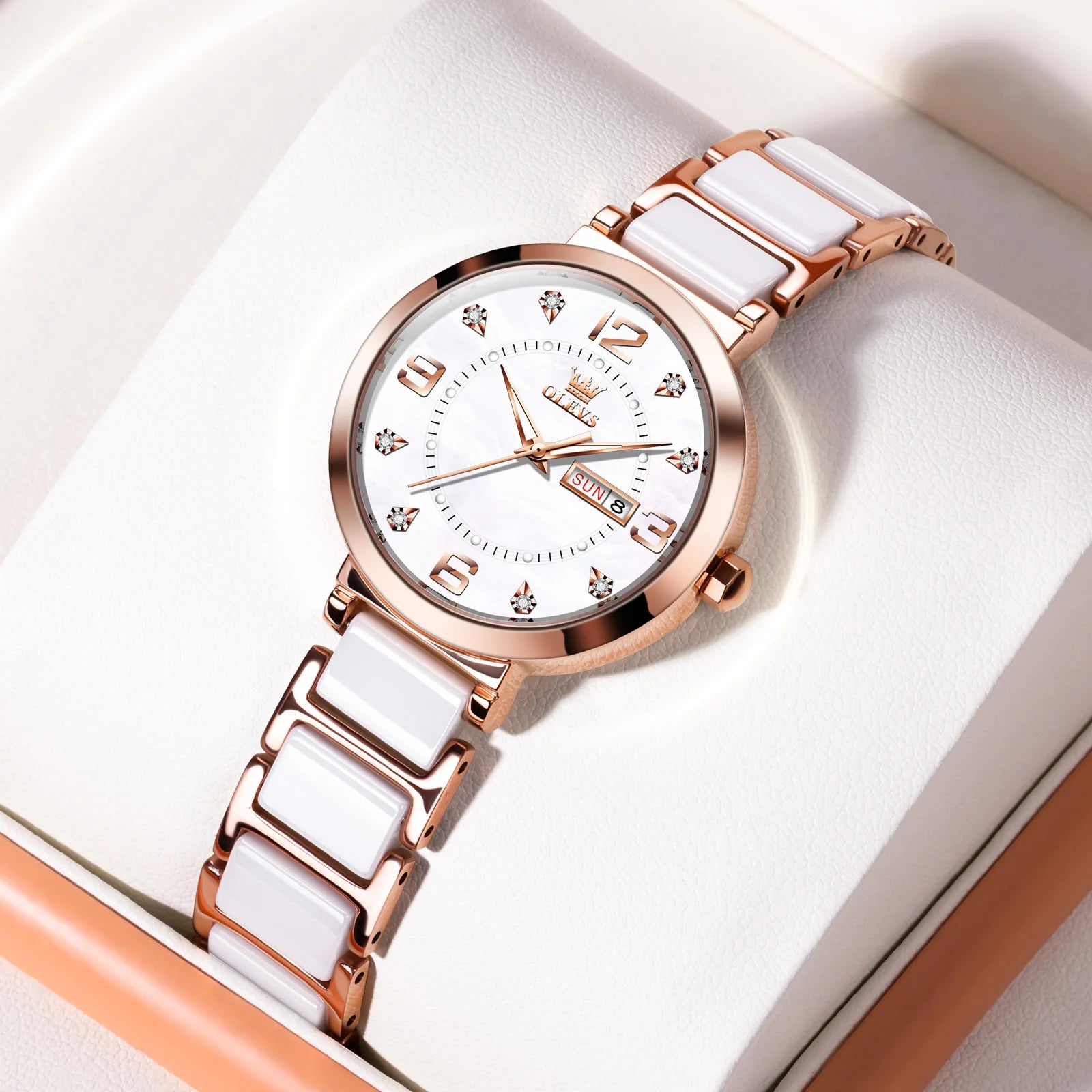 OLEVS New Ceramics Watchstrap Watch For Women Luxury Business Diamonds Wristwatch Fashion Waterproof Dual Calendar Woman Watches
