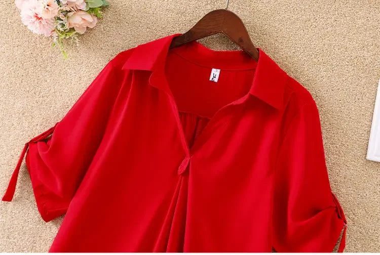 Women's Slimming Chiffon Top 2024 Summer New Style Medium-Length Short Sleeves Plus Size Loose-Fit Waist-Fitted Shirt