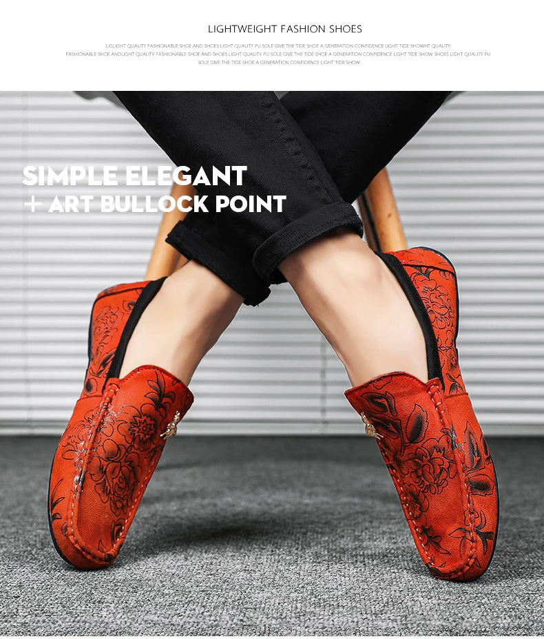 Luxury Brand Yellow Men Casual Shoes Fashion Flower Print Loafers Men Designer Flat Shoes Comfortable Slip-on Male Driving Shoes