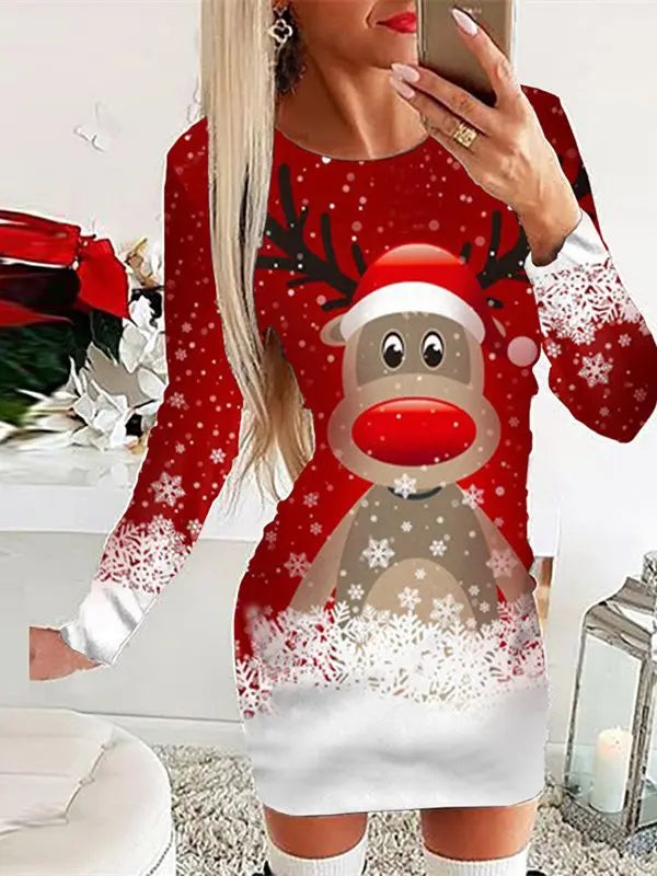 Black White Snowflake Deer Pattern Women's Dress Autumn Winter Sext Long Sleeve Bodycon Mini Dress Elegant Red Christmas Dresses