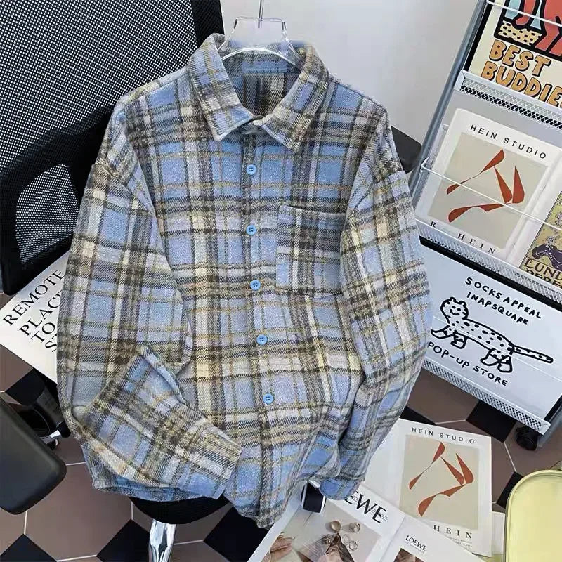 Retro American Plaid Long Sleeve Shirt Women's Lazy Style Loose Slimming Versatile Flannel Coat with Pocket Full Length Button u