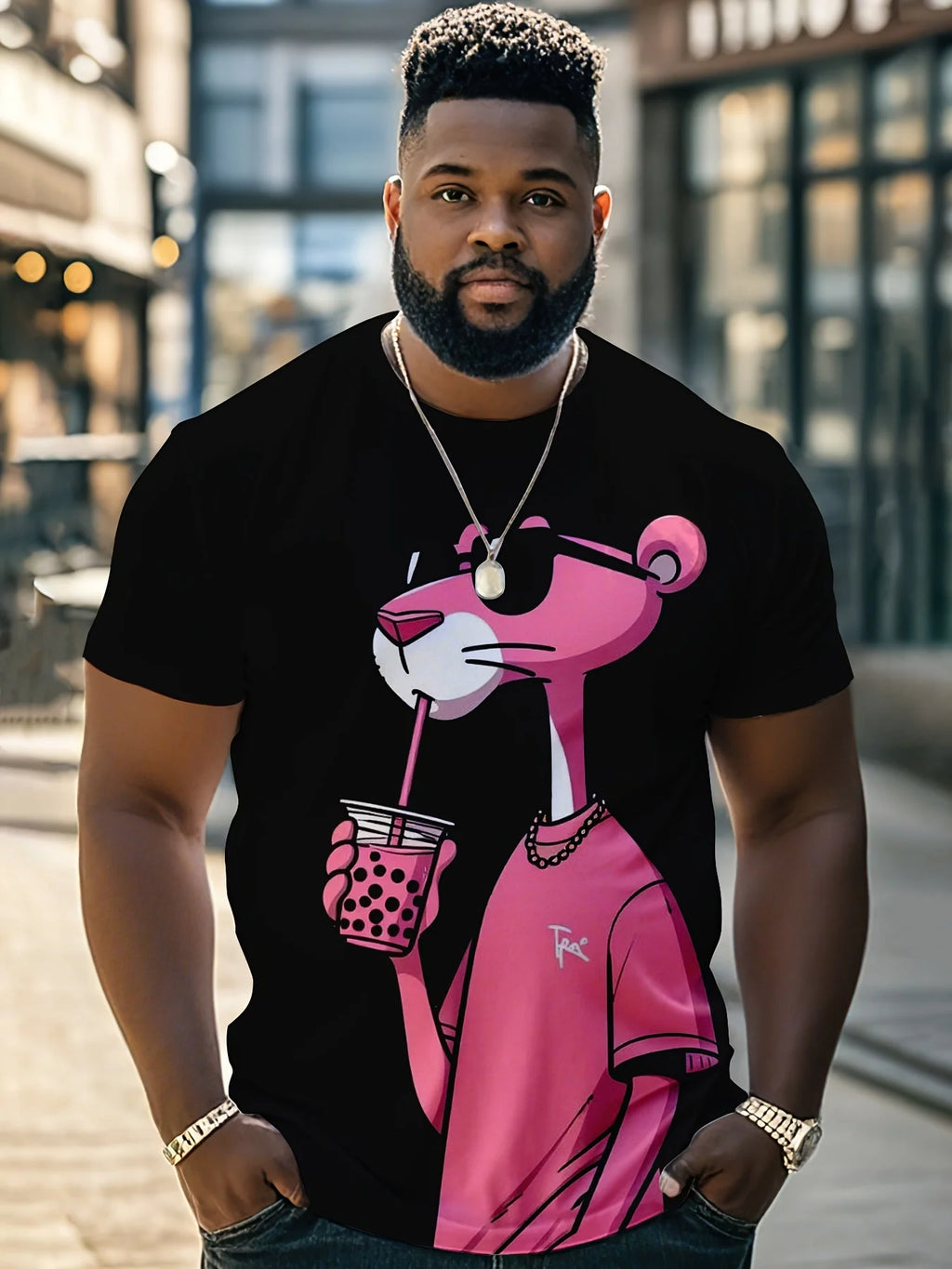 Men's Plus Size Casual Sports Tee - Pink Leopard Print with Stylish Cartoon Rat Graphic,Polyester,Machine Washable,Workout
