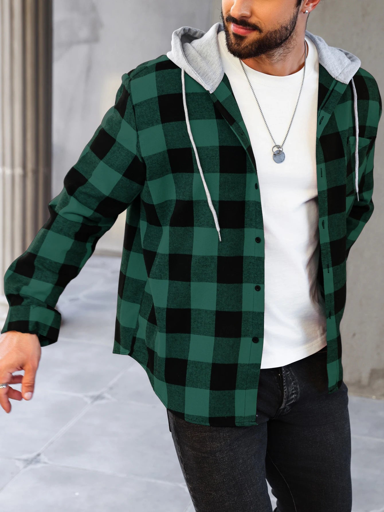Mens Colorful Plaid Hooded Cardigan Color Block Sweatshirt with Pockets Top Jacket