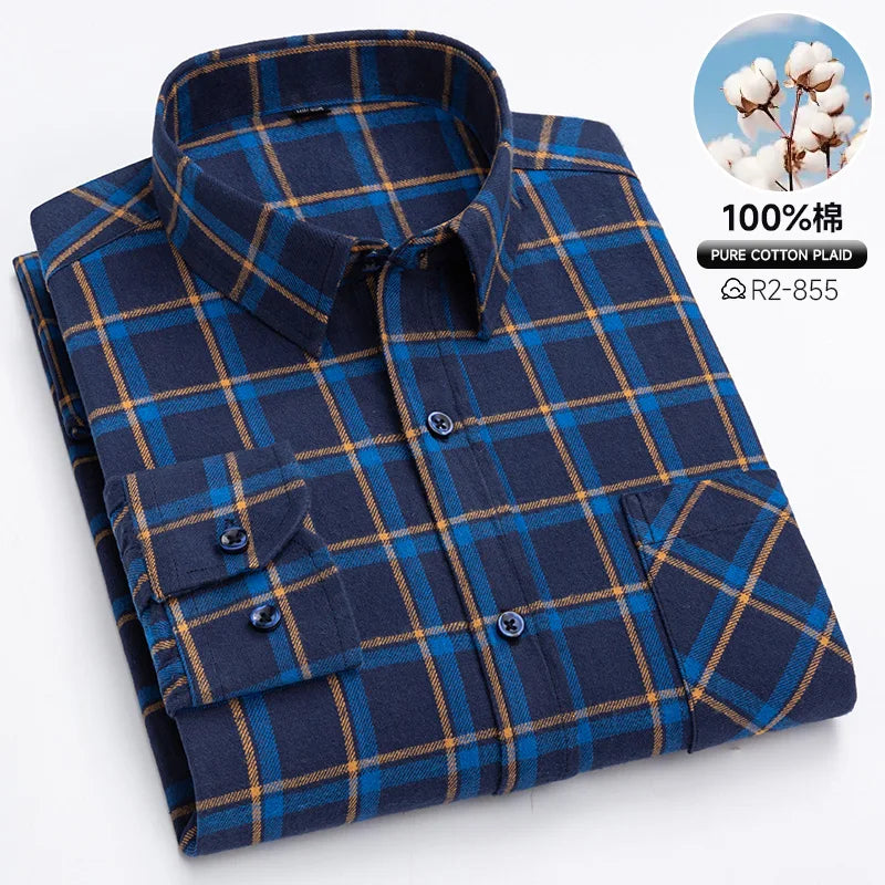 Pure Cotton Men's Plaid Shirts Long Sleeved Regular Fit Casual Office Fashion Shirts Leisure Autumn Male Check Blouses Plus Size