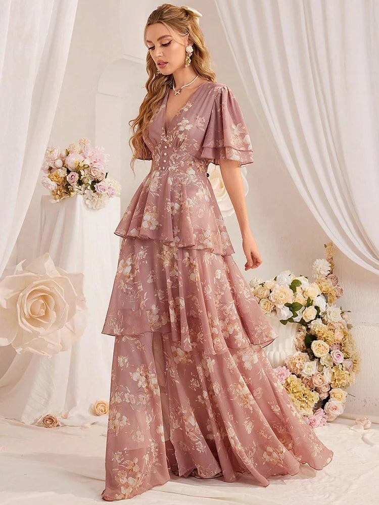 TOLEEN New in 2024 Casual Deep V-Neck Slim Floral Printed Tiered Ruffle Hem Long Dresses Fashion Summer Elegant Women's Clothing